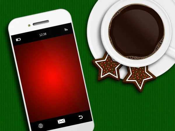 Christmas coffee, gingerbread and mobile phone lying on tableclo — Stock Photo, Image