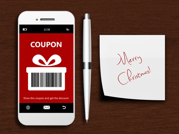 Mobile phone with christmas coupon, pen and christmas wishes — Stock Photo, Image