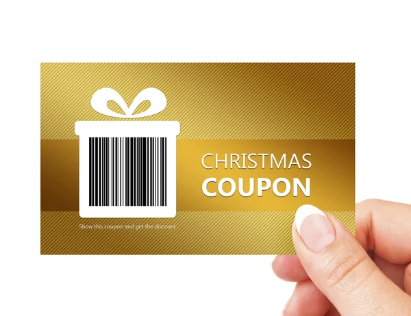 Mano tenendo coupon di Natale isolato su bianco — Foto Stock