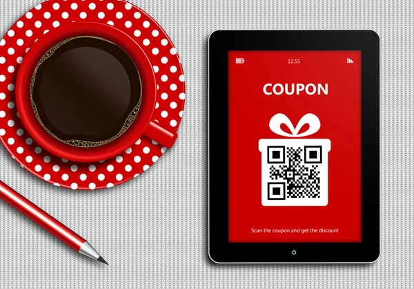 Tablet with discount coupon and  cup of coffee lying on tableclo — Stock Photo, Image