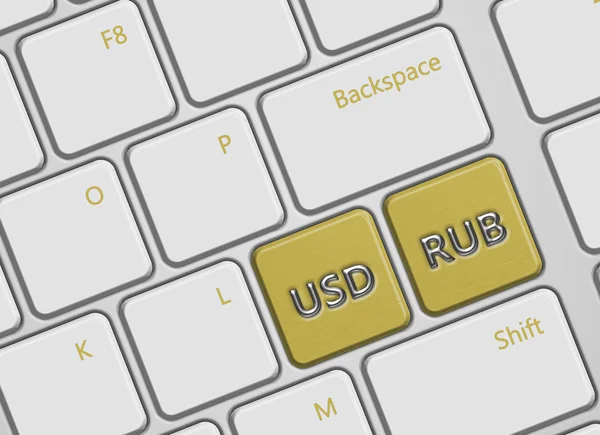 Computer keyboard with american dollar and russian ruble buttons — Stock Photo, Image