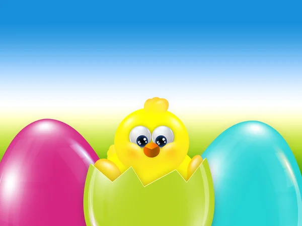 Easter chick  hatched from egg over blue sky — Stock Photo, Image