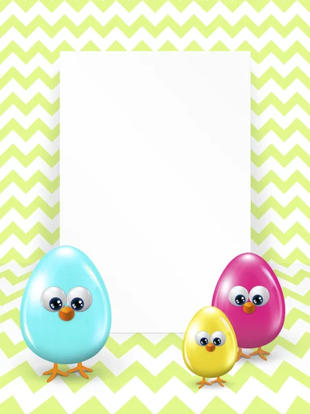 Easter eggs and white blank over zigzag background — Stock Photo, Image