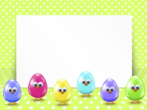 Easter eggs and white blank over dotted background — Stock Photo, Image