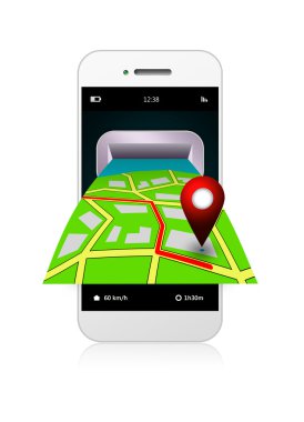 Hareket eden telefon ile gps uygulama ve harita üzerinde beyaz izole