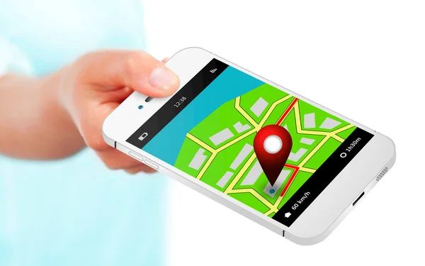 Hand holding mobile phone with gps application and map over whit — Stock Photo, Image
