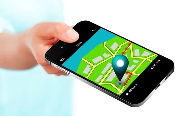 Hand holding mobile phone with gps application and map over whit — Stock Photo, Image