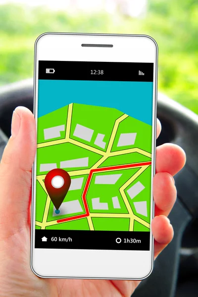 Cellulare in mano all'uomo con applicazione gps — Foto Stock