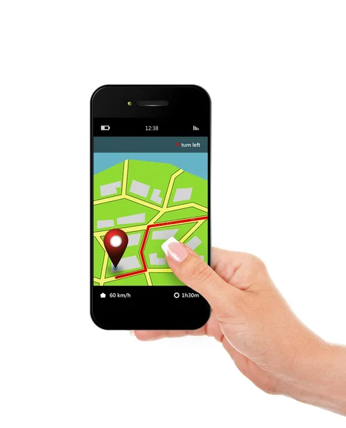 Handhaltendes Handy mit Navigationsanwendung isoliert o — Stockfoto