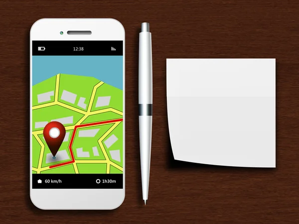 Mobile phone with gps application, pen and clean note lying on d — Stock Photo, Image