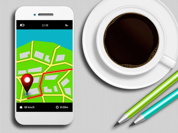 Mobiltelefon med GPS-applikasjon, kaffe og blyanter liggende på t – stockfoto