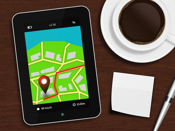 Tablet mit Navigationsanwendung, Tasse Kaffee, Stift und Weiß — Stockfoto