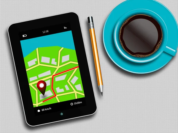 Tablet mit GPS-Navigationsanwendung, Kaffee und Bleistift — Stockfoto