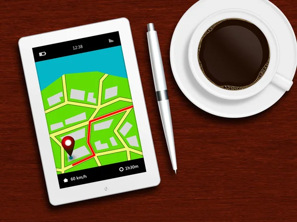 Tablet com aplicação de navegação gps, café e lápis deitado — Fotografia de Stock