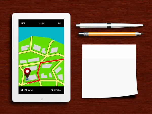 Tablet with gps navigation application, pen, pencil and sticky n — Stock Photo, Image