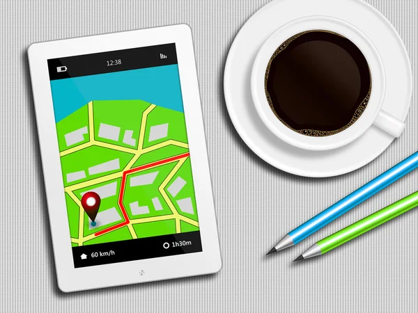Tablet con applicazione di navigazione GPS, caffè e matite sdraiato — Foto Stock
