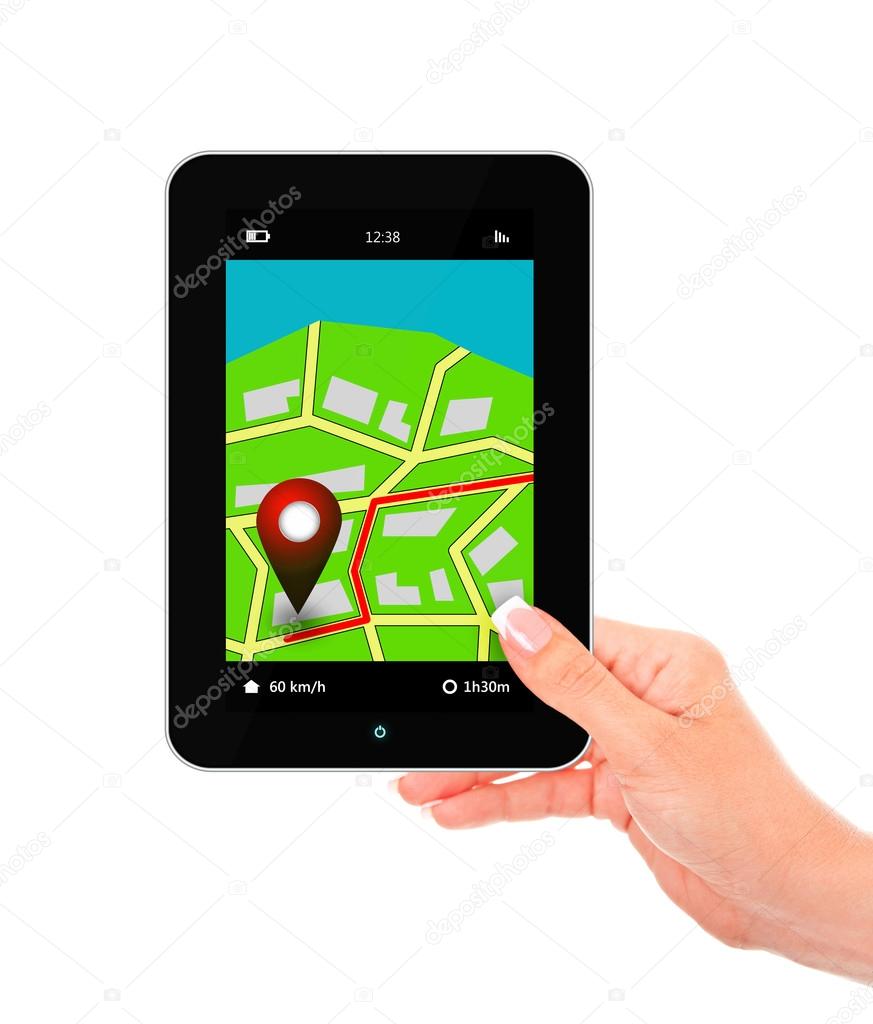 hand holding tablet with navigation application isolated over wh