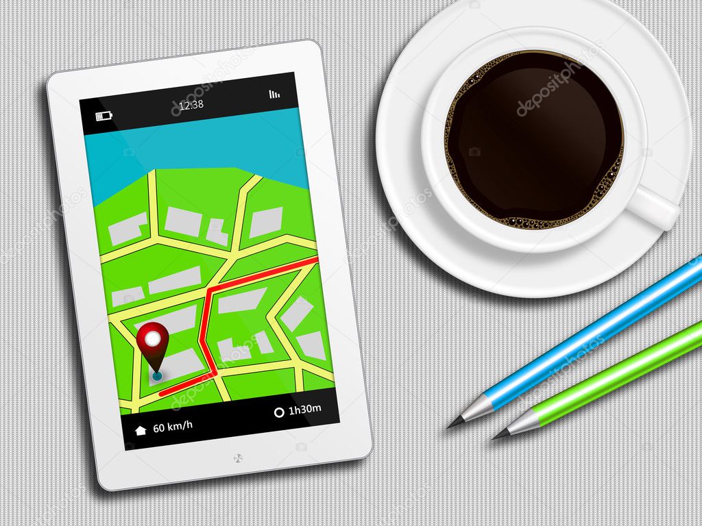 tablet with gps navigation application, coffee and pencils lying