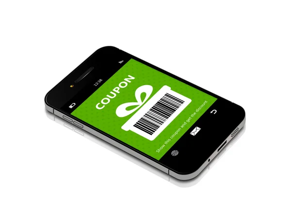 Cellulare con coupon di sconto isolato su bianco — Foto Stock