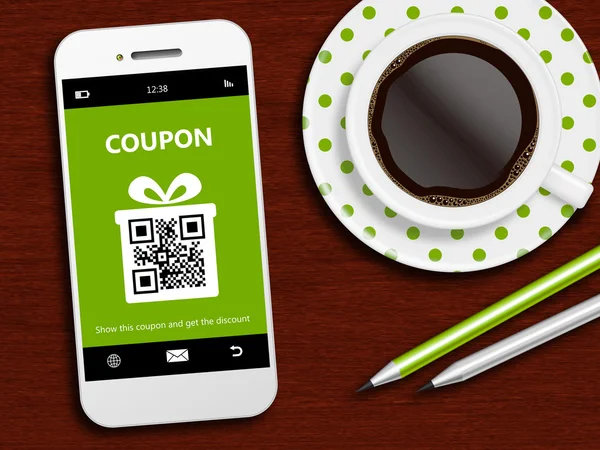 Mobile phone with spring discount coupon, coffee and pencils — Stock Photo, Image