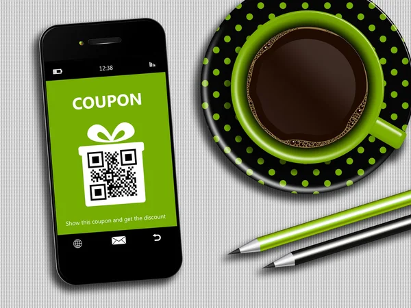 Mobiele telefoon met lente korting coupon, koffie en office gereedschap — Stockfoto