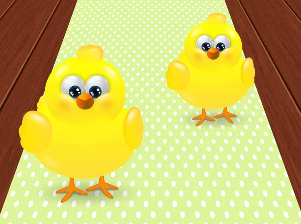 Two easter chicks standing on dotted tablecloth — Stock Photo, Image