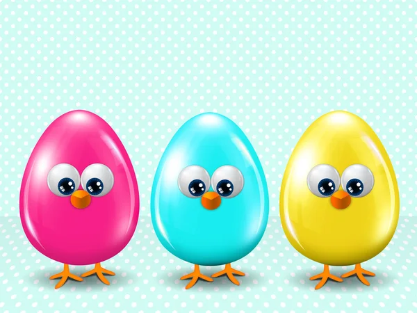 Три кольорові великодні яйця, що стоять на синьому пунктирному фоні Стокове Зображення