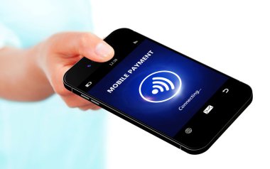 whit üzerinde izole mobil ödeme ile cep telefonu tutan el