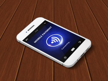 hareket eden telefon ile mobil ödeme ahşap masanın üzerinde yatan