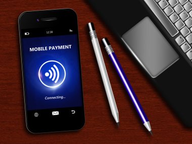 Hareket eden telefon ile mobil ödeme, dizüstü bilgisayar ve ofis aracı