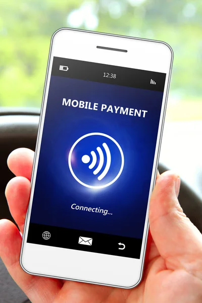 Hand holding mobile phone with mobile payment — Stock Photo, Image