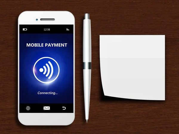 Mobile phone with mobile payment, pen and empty note — Stock Photo, Image