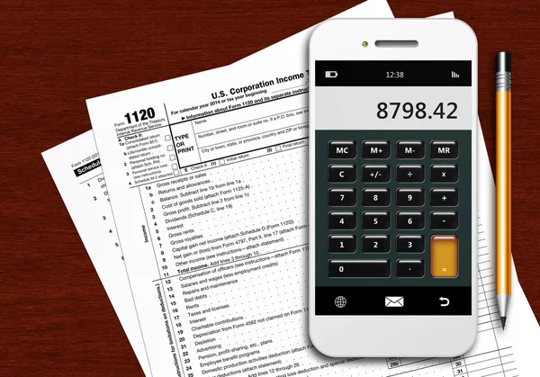 Tax form 1120 with phone calculator and pencil on wooden table — Stock Photo, Image
