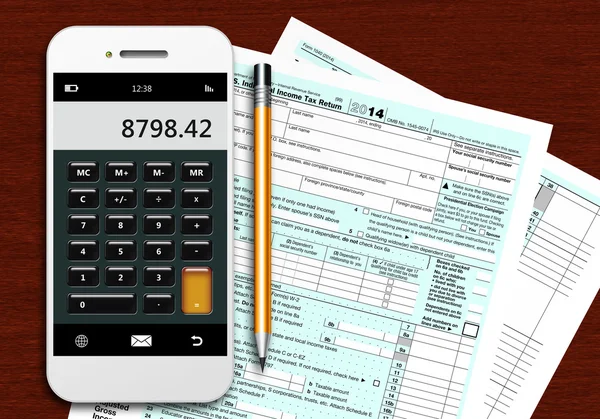 Formulário de imposto 1040 com calculadora de telefone e lápis na mesa de madeira — Fotografia de Stock