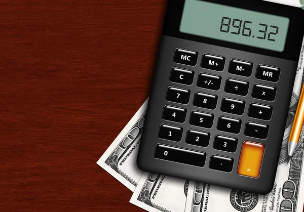 Dolarów, kalkulator i ołówek leżącego na drewniane biurko — Zdjęcie stockowe