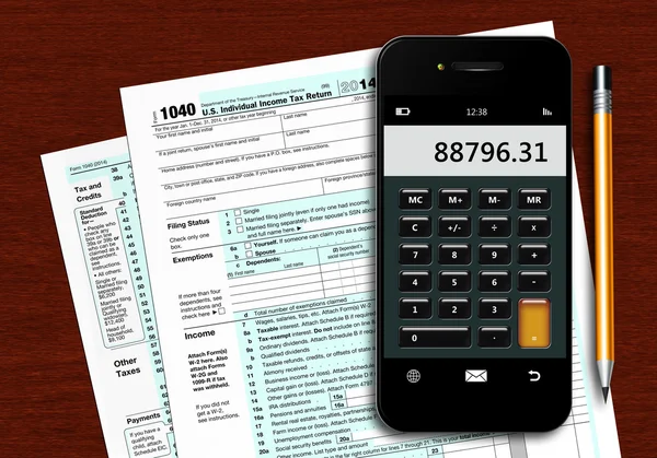 U.s. individual income tax return form 1040 with phone calculato — Stock Photo, Image