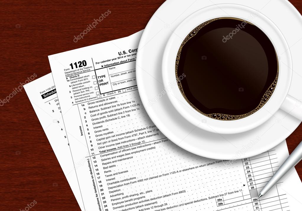 tax form 1120 with pen and coffee on wooden table