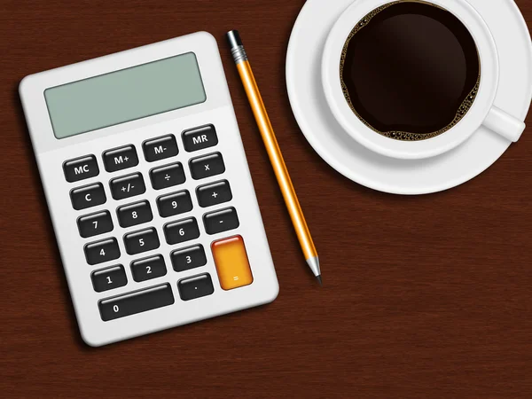 Coffee calculator and pencil lying on wooden desk in office — Stock Photo, Image