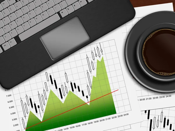 金融图表、 笔记本电脑和躺在办公室的桌上的咖啡 — 图库照片