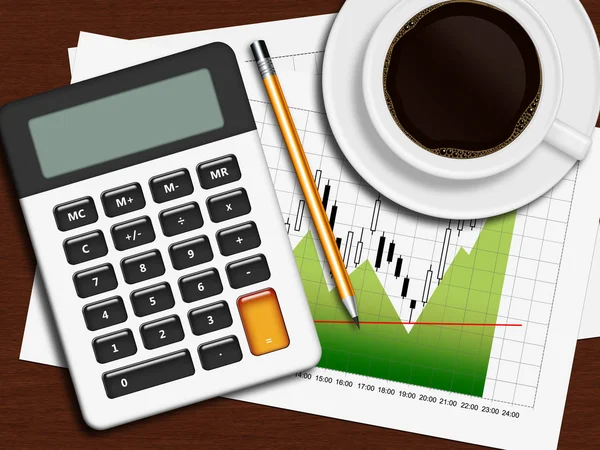 Financial chart, calculator and pencil lying on wooden desk in o — Stock Photo, Image