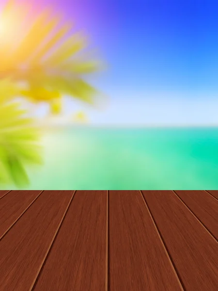 Houten terras, riviera kust en tropische palmen als achtergrond — Stockfoto