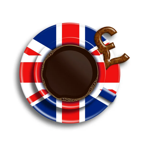 Café dans la tasse drapeau du Royaume-Uni avec cookie livre sterling isolé sur blanc — Photo