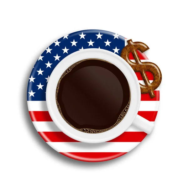 Coffee in usa flag cup with dollar cookie isolated over white — Stock Photo, Image