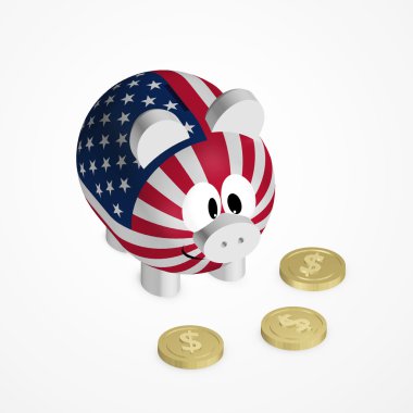 Amerikan bayrağı ve Doları paralar ile Piggy banka 