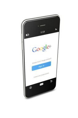 Polonya, Gdansk - 8 Ağustos 2015'in. Hareket eden telefon ile beyaz arka plan üzerinde izole google plus giriş sayfası