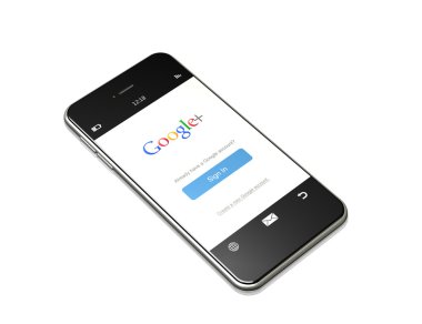Polonya, Gdansk - 8 Ağustos 2015'in. Hareket eden telefon ile beyaz arka plan üzerinde izole google plus giriş sayfası