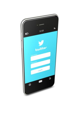 Polonya, Gdansk - 8 Ağustos 2015. Hareket eden telefon ile beyaz arka plan üzerinde izole twitter giriş sayfası