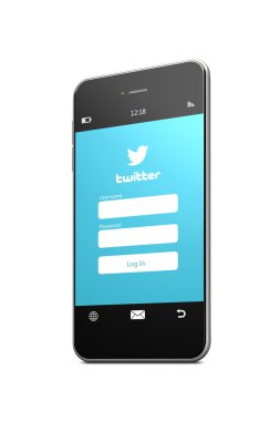 Polonya, Gdansk - 8 Ağustos 2015. Hareket eden telefon ile beyaz arka plan üzerinde izole twitter giriş sayfası