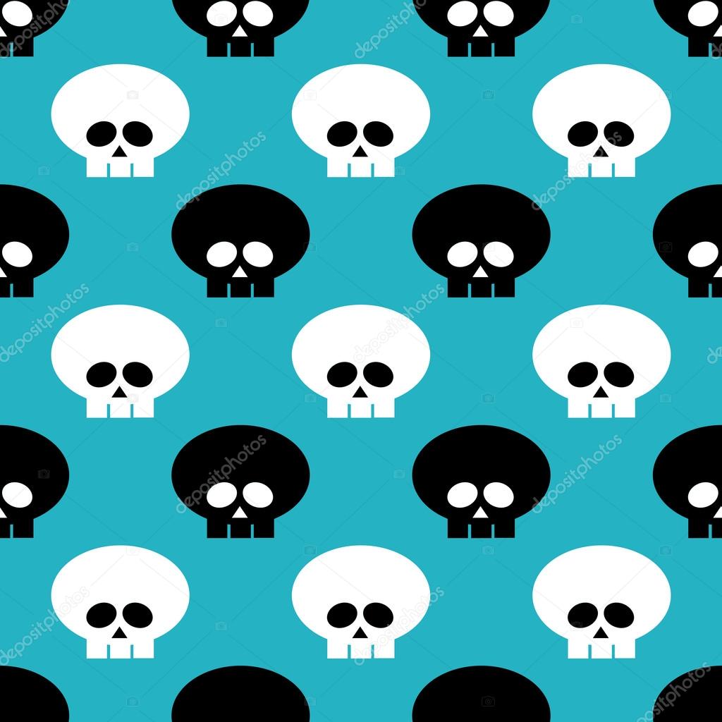 seamless pattern with black and white skulls over blue