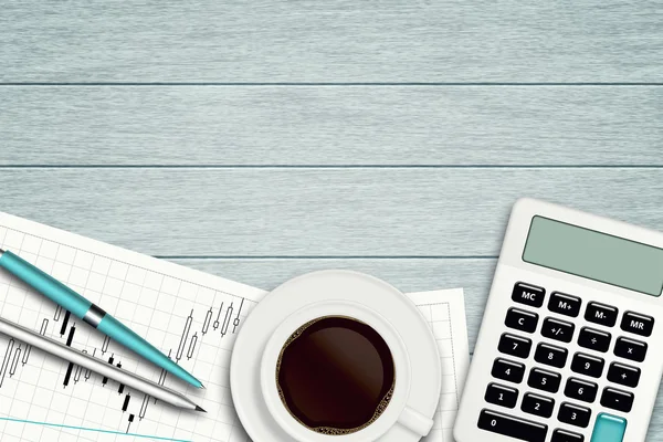 Workspace with graph, coffee calculator and stationery — Stock Photo, Image